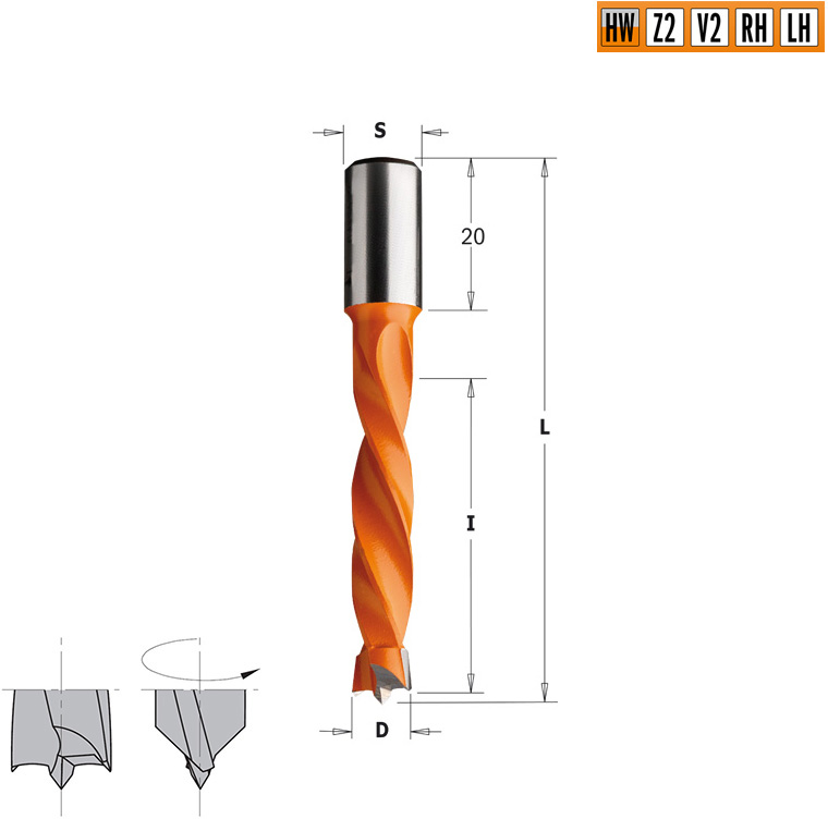 Сверло HW для присадочного станка 15x43x70 Z=2+2 S=10x20 RH