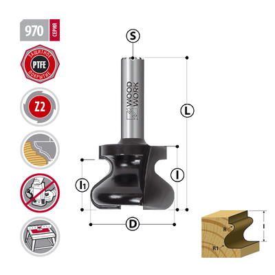 Фреза для скрытых ручек D=30 I=22 L=52 S=8mm R=5/2,8 Woodwork 970.5030.08