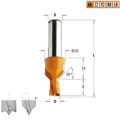 Сверло HW для присадочного станка 10x12x57,5 Z=2+2 S=10x28 LH