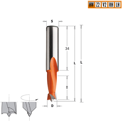 Сверло HW для присадочного станка 10x18x57,5 Z=2+2 S=10x34 LH