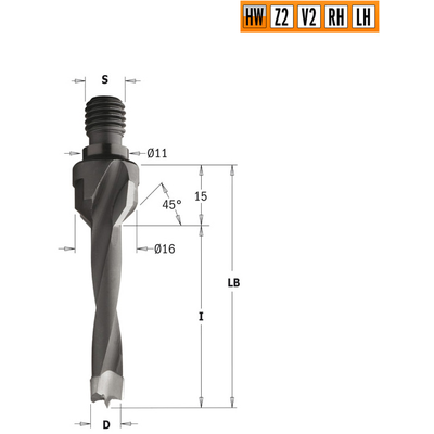 Сверло HW для присадочного станка 10x20x Z=2+2 S=M10/11x4 LH