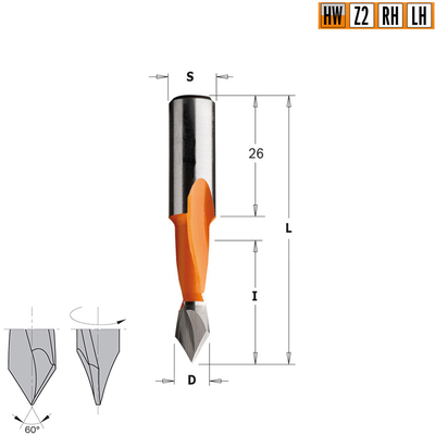 Сверло HW для присадочного станка 10x27x57,5 Z=2 S=10x26 LH