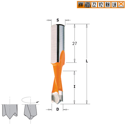 Сверло HW для присадочного станка 10x27x57,5 Z=2+2 S=10x27 LH