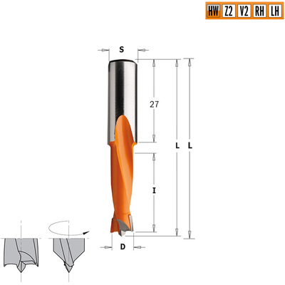 Сверло HW для присадочного станка 10x27x57,5 Z=2+2 S=10x27 LH