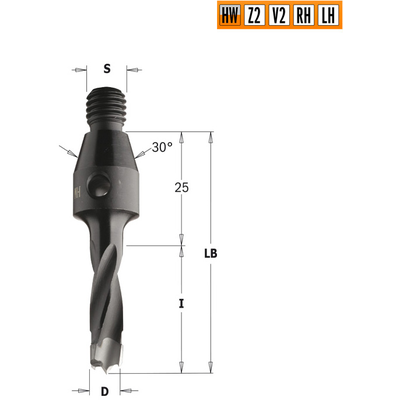 Сверло HW для присадочного станка 10x30x Z=2+2 S=M10/30° LH