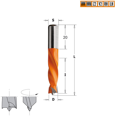 Сверло HW для присадочного станка 10x30x55,5 Z=2+2 S=8x20 LH