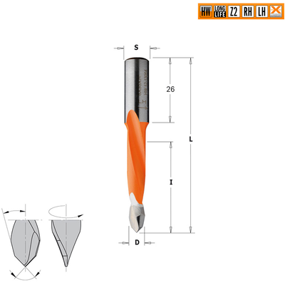 Сверло HW для присадочного станка 10x35x70 Z=2 S=10x26 LH