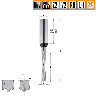 Сверло HW для присадочного станка 10x35x70 Z=2+2 S=10x25 LH