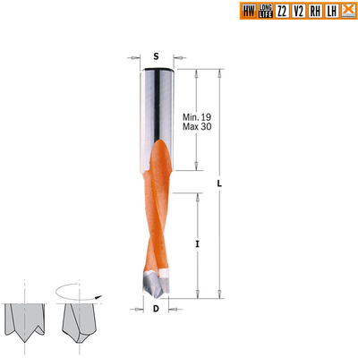 Сверло HW для присадочного станка 10x35x70 Z=2+2 S=10x30 RH