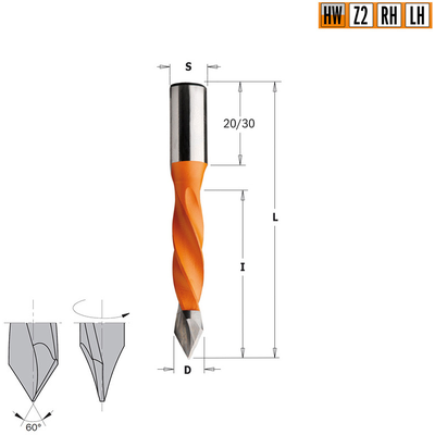 Сверло HW для присадочного станка 10x40x70 Z=2 S=10x20 RH