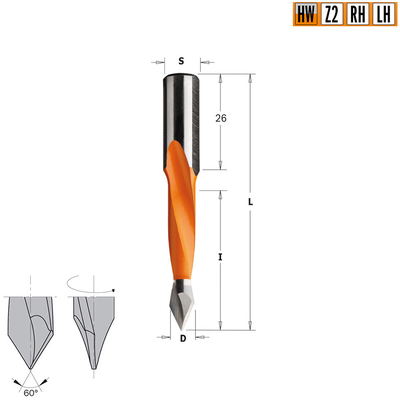 Сверло HW для присадочного станка 10x44x77 Z=2 S=10x26 LH