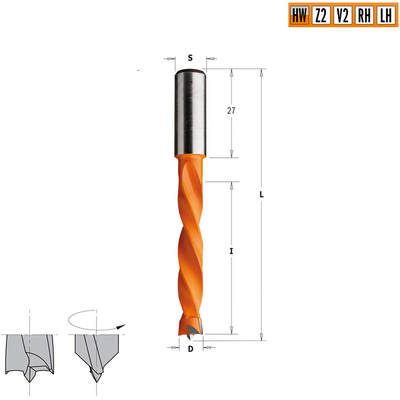 Сверло HW для присадочного станка 10x50x85 Z=2+2 S=10x27 LH