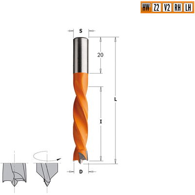 Сверло HW для присадочного станка 12x40x67 Z=2+2 S=8x20 LH