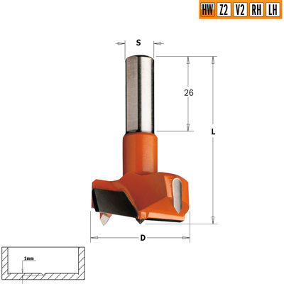 Сверло HW для присадочного станка 14x57,5 Z=2+2 S=10x26 LH