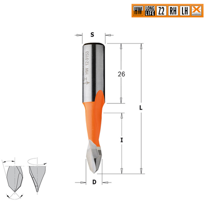 Сверло HW для присадочного станка 5x27x57,5 Z=2 S=10x26 LH