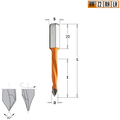 Сверло HW для присадочного станка 5x30x56 Z=2 S=8x20 LH