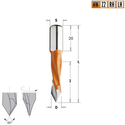 Сверло HW для присадочного станка 5x30x57,5 Z=2 S=10x20 LH