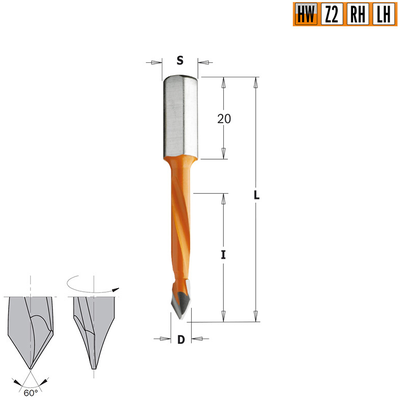 Сверло HW для присадочного станка 5x43x70 Z=2 S=8x20 LH