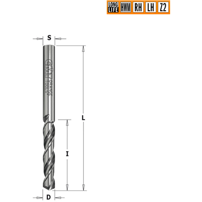 Сверло HWM для присадочного станка 2,5x27x55 Z=2 S=2,5 LH