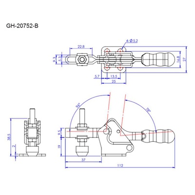 Зажим механический с горизонтальной ручкой GH-20752-B, усилие 75 кг