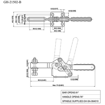 Зажим механический с горизонтальной ручкой GH-21502-B, усилие 150 кг