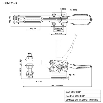 Зажим механический с горизонтальной ручкой GH-225-D, усилие 227 кг