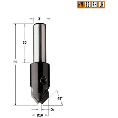 Зенкер для свёрел TCT S=10x30 (с лыской) L=60 D=4,762x16 LH